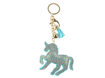 Blue Unicorn Tassel Bling Faux Suede Stuffed Pillow Key Chain Handbag Charm