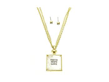 Goldtone Perfume Bottle Multi Strand Heart Charm Necklace and Earring Set
