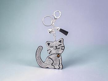 Smiling Cat Tassel Bling Faux Suede Stuffed Pillow Key Chain Handbag Charm