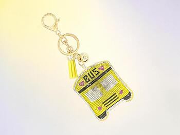 Yellow School Bus Tassel Bling Faux Suede Stuffed Pillow Key Chain Handbag Charm