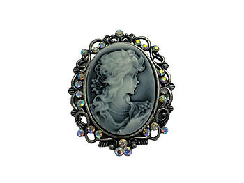 Gray Crystal Accent Victorian Studded Cameo Brooch Pendant