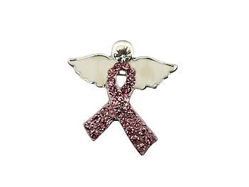 Crystal Enamel Pink Ribbon With Angel Wings Brooch