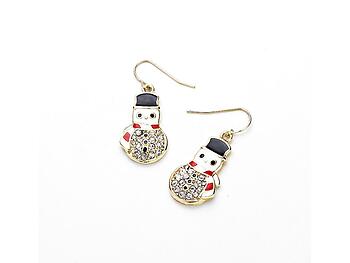 Goldtone Pave Enameled Snowman Dangle Earrings