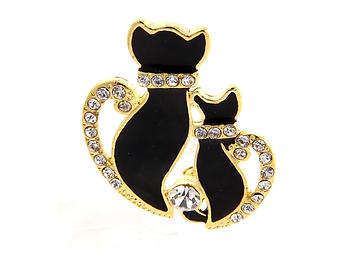 Goldtone Double Cat Rhinestone Pave Pin Brooch