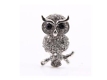 Silvertone & Clear Rhinestone Owl Pin Brooch