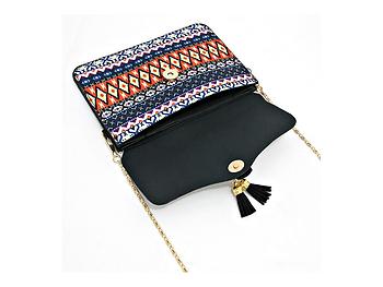 Black Aztec Pattern Double Tassel Drop Clutch Bag with Metal Chain Strap