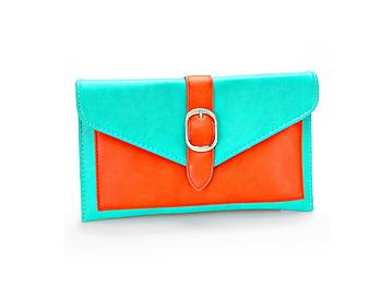 Red &Teal Color Block Buckle Envelope Clutch Bag with Detachable Chain Strap