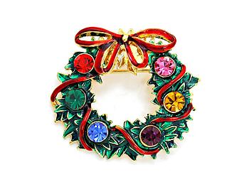 Multicolor Crystal Enamel Christmas Wreath Brooch