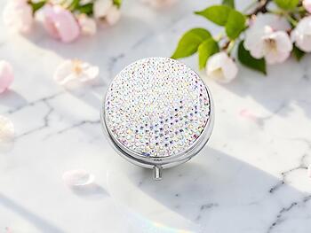 Aurora Borealis Bling Round Mirror Compact Pill Organizer Case