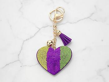 Mardi Gras Heart Tassel Bling Faux Suede Stuffed Pillow Key Chain Handbag Charm