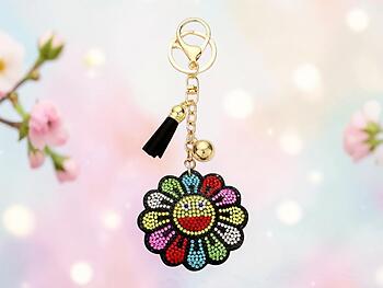 Bling Smile Flower Tassel Bling Faux Suede Stuffed Pillow Key Chain Handbag Charm