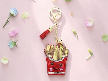 French Fries Tassel Bling Faux Suede Stuffed Pillow Key Chain Handbag Charm