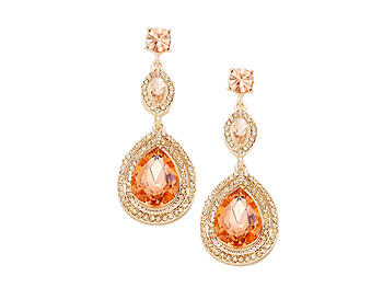 Peach & Rose Gold Glass Crystal Teardrop Evening Earrings