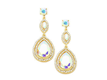 Aurora Borealis & Goldtone Glass Crystal Teardrop Evening Earrings