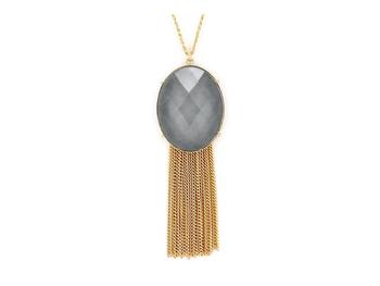 Shimmery Pendant & Fringe Goldtone Drop Long Necklace