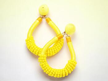 Yellow Beaded Cord Thread Dome Post Back Drop Earrings