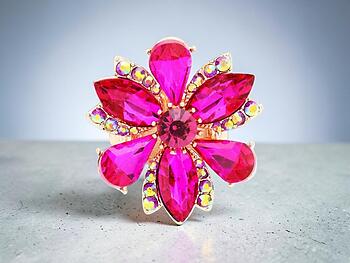 Fuchsia Marquise Flower Glass Stone Stretch Cocktail Ring