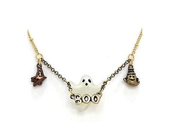 Goldtone Halloween Ghost Boo Pendant Necklace & Earring Set