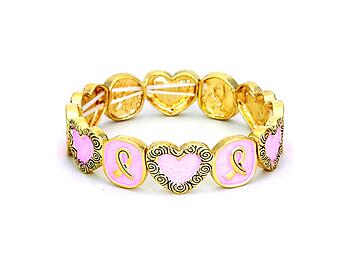 Pink & Gold Resin Enamel Heart Pink Ribbon Stretch Bracelet