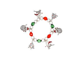 Silvertone Christmas Beaded Charm Stretch Bracelet